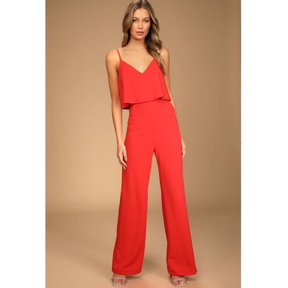 Make It a Date Coral Red Sleeveless Wide-Leg Jumpsuit - Picture 1 of 9